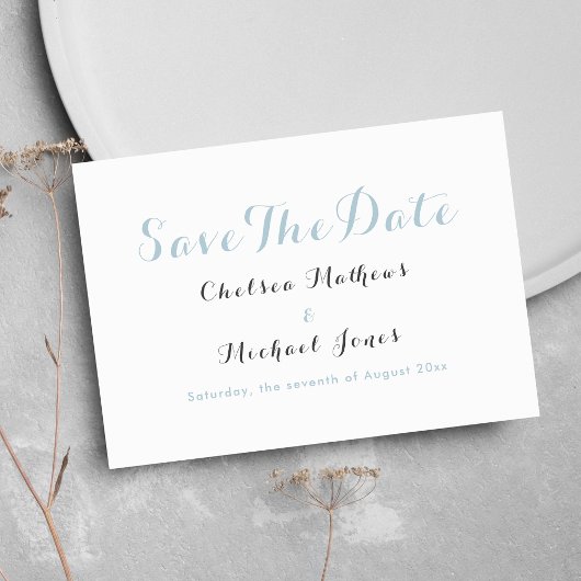 Eenvoudig elegant wit pastelblauw Save The Date
