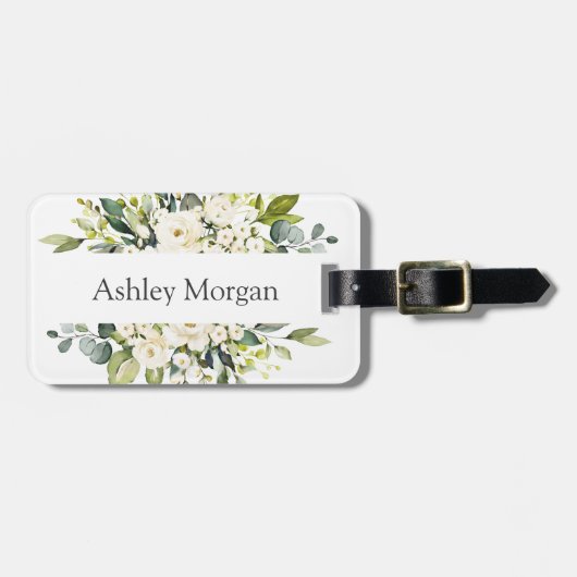 Eenvoudig Elegant Wit Rose groen Bloemen Bagagelabel (Voorkant horizontaal)