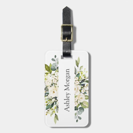 Eenvoudig Elegant Wit Rose groen Bloemen Bagagelabel (Voorkant verticaal)