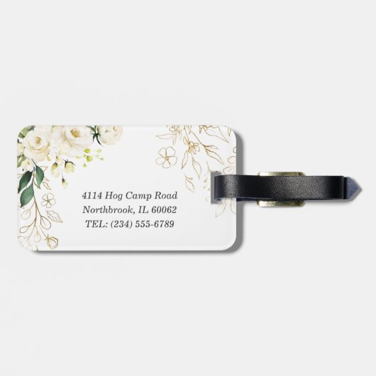 Eenvoudig Elegant Wit Rose groen Bloemen Bagagelabel (Achterkant horizontaal)