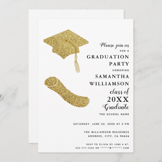 Eenvoudig Elegant Wit Zwart Goud Graduation Party Kaart (Voorkant / Achterkant)