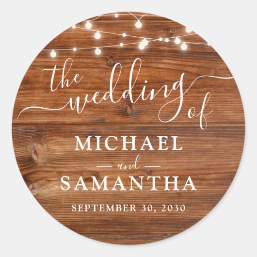 Eenvoudig Elegant Wood Rustic Wedding Ronde Sticker (Voorkant)