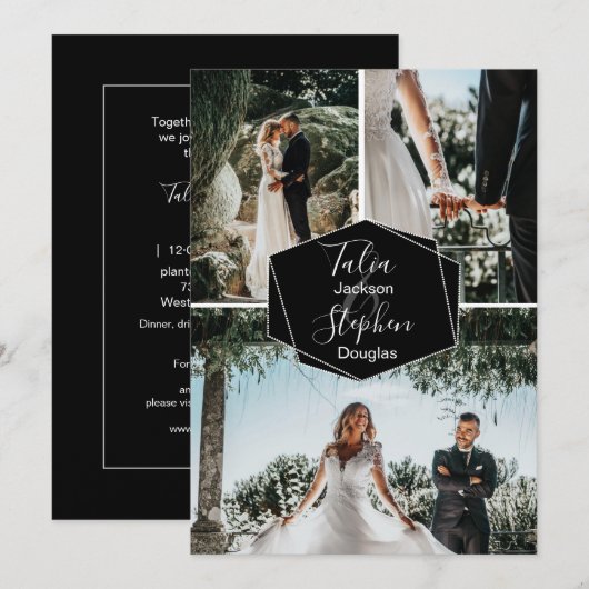 Eenvoudig elegant zwart 3-fotoraster, collage brui kaart (Voorkant / Achterkant)