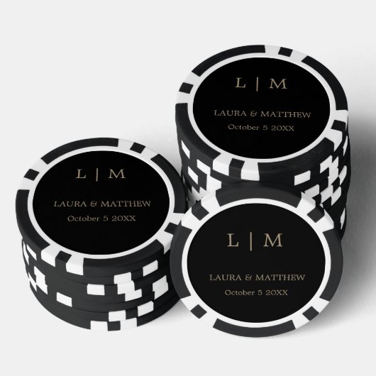 Eenvoudig Elegant Zwart Goud Monogram Bruiloft Poker Chips (Opstapeling)