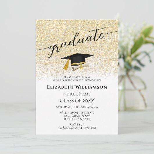 Eenvoudig Elegant Zwart Goud Script Graduation Par Kaart (Staand voorkant)