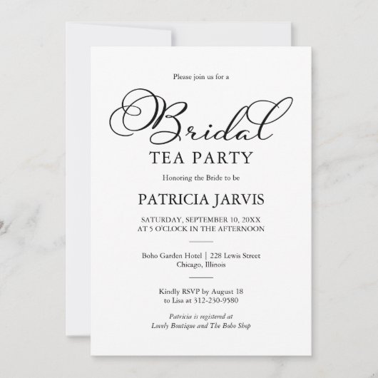 Eenvoudig Elegant Zwart Script Bridal Tea Party Kaart (Voorkant)