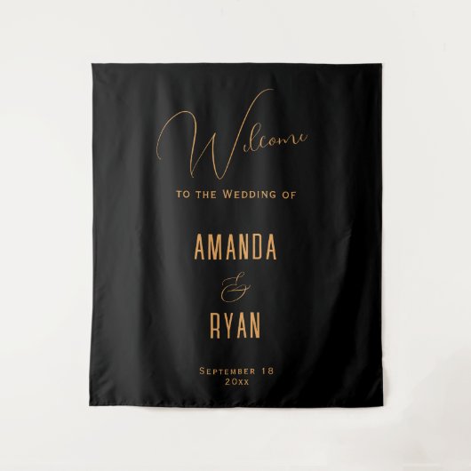 Eenvoudig Elegant Zwart Welkom Script Bruiloft Wandkleed (Voorkant)