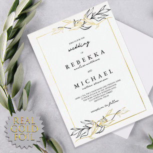Eenvoudig Elegant Zwart Wit Blad Bruiloft Echt Folie Uitnodiging