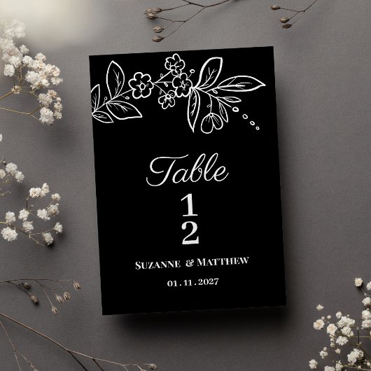 Eenvoudig elegant zwart wit bloemmotief Tafelnumme Kaart
