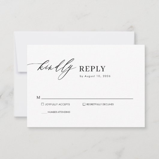 Eenvoudig Elegant Zwart-Wit Chique Script Bruiloft RSVP Kaartje (Voorkant)