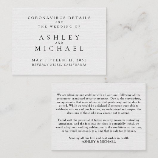 Eenvoudig Elegant Zwart-Wit Coronavirus Details E Informatiekaartje (Voorkant / Achterkant)