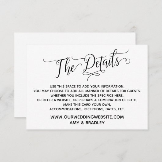 Eenvoudig, elegant zwart-wit "De details" Informatiekaartje (Voorkant / Achterkant)