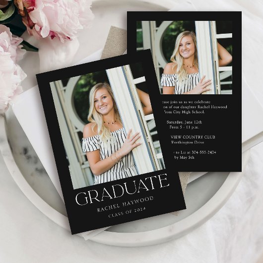 Eenvoudig Elegant Zwart Wit Foto Graduation Party Kaart