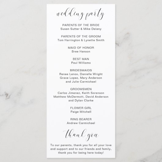 Eenvoudig elegant zwart-wit harthuwelijk programmakaart (Achterkant)