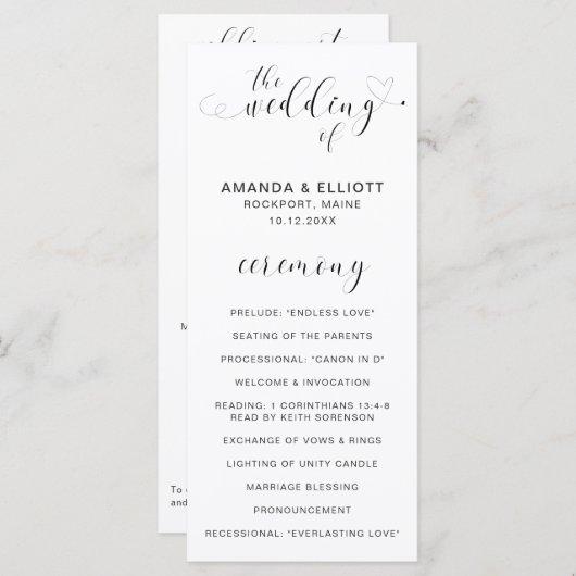 Eenvoudig elegant zwart-wit harthuwelijk programmakaart (Voorkant / Achterkant)