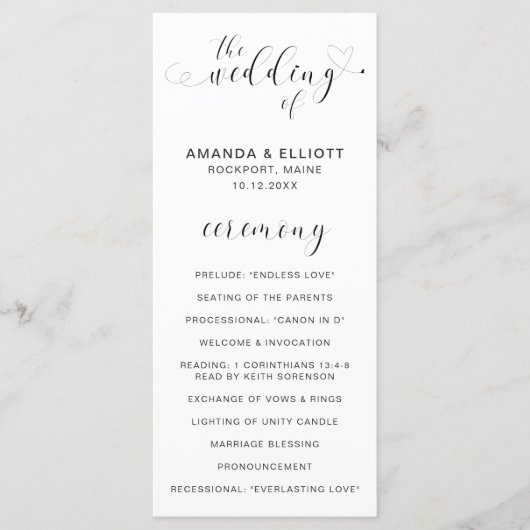 Eenvoudig elegant zwart-wit harthuwelijk programmakaart (Voorkant)