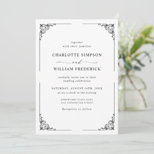 Eenvoudig elegant zwart-wit huwelijk kaart (Staand voorkant)