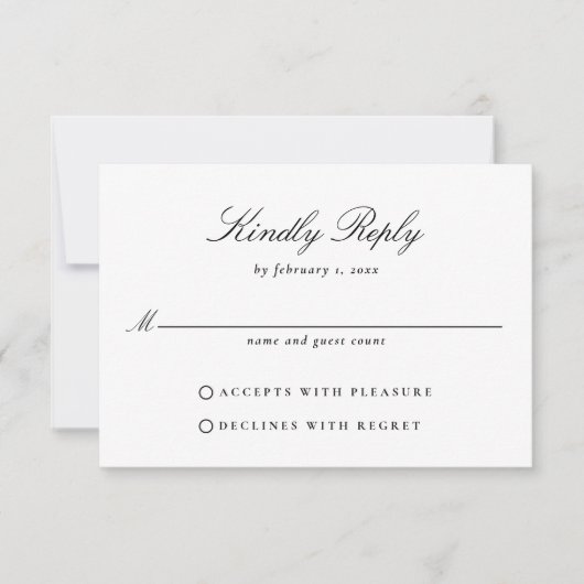 Eenvoudig, Elegant Zwart-Wit Huwelijksscript RSVP Kaartje (Voorkant)