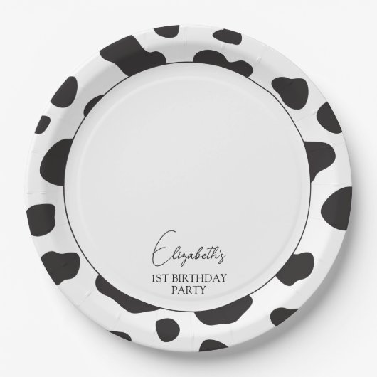 Eenvoudig Elegant Zwart-Wit Koe Verjaardagsfeest Papieren Bordje (Voorkant)