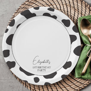 Eenvoudig Elegant Zwart-Wit Koe Verjaardagsfeest Papieren Bordje