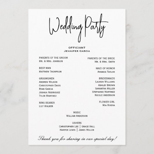 Eenvoudig Elegant Zwart Wit Modern Minimaal Script Programmakaart (Achterkant)