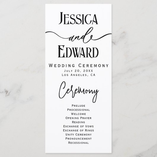 Eenvoudig Elegant Zwart Wit Modern Minimaal Script Programmakaart (Voorkant)