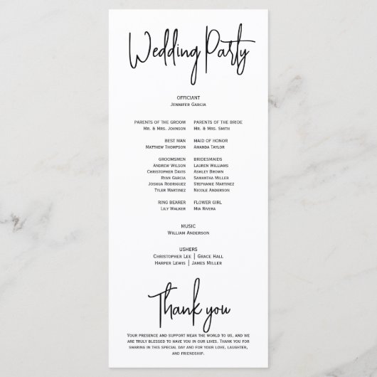 Eenvoudig Elegant Zwart Wit Modern Minimaal Script Programmakaart (Achterkant)