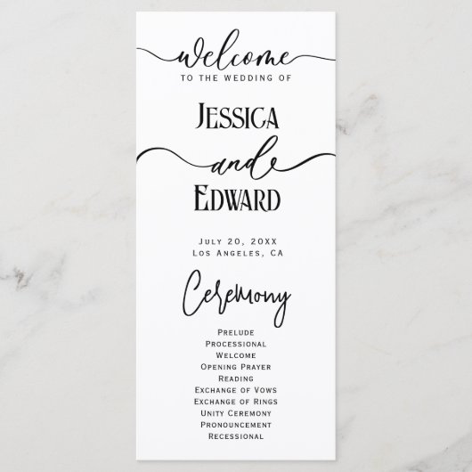 Eenvoudig Elegant Zwart Wit Modern Minimaal Script Programmakaart (Voorkant)