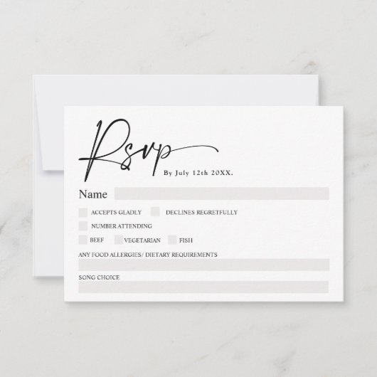 Eenvoudig elegant zwart-wit script rsvp bruiloft kaart (Voorkant)