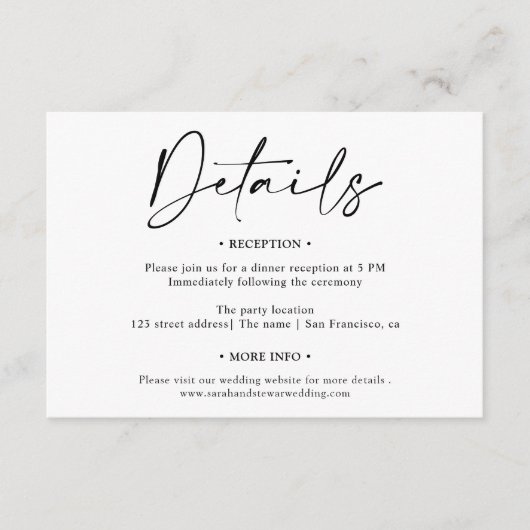 Eenvoudig elegant zwart-witscript details bruiloft informatiekaartje (Voorkant)