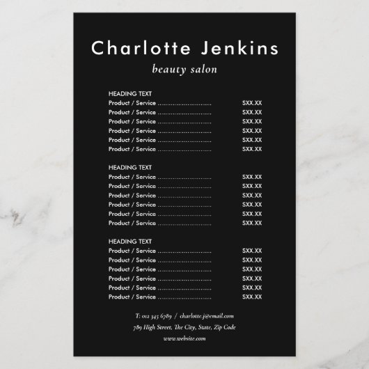 Eenvoudig Elegant Zwart Witte Salon Service Menu (Voorkant)