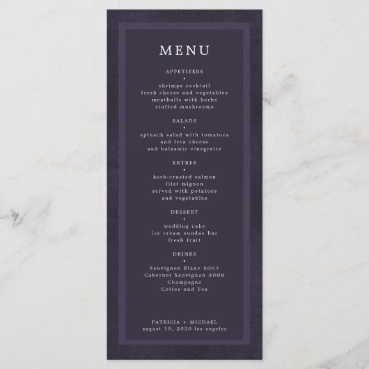 Eenvoudig elegante donkerpaarse bruiloft menu (Voorkant)