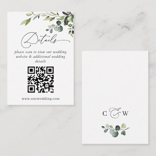 Eenvoudig Elegante Eucalyptus Bruiloft QR Code Det Informatiekaartje (Voorkant / Achterkant)