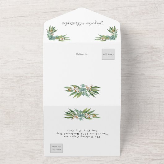 Eenvoudig elegante eucalyptus Wedding RSVP en All In One Uitnodiging (Buitenkant)