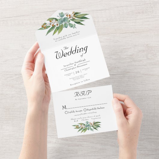 Eenvoudig elegante eucalyptus Wedding RSVP en All In One Uitnodiging (Afscheurbaar)