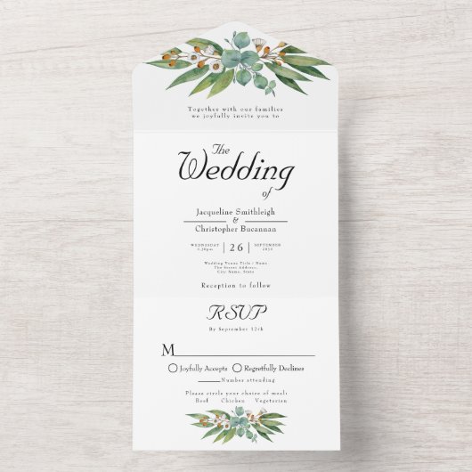 Eenvoudig elegante eucalyptus Wedding RSVP en All In One Uitnodiging (Binnen)