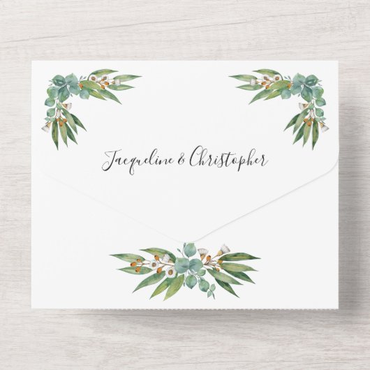 Eenvoudig elegante eucalyptus Wedding RSVP en All In One Uitnodiging (Achterkant)