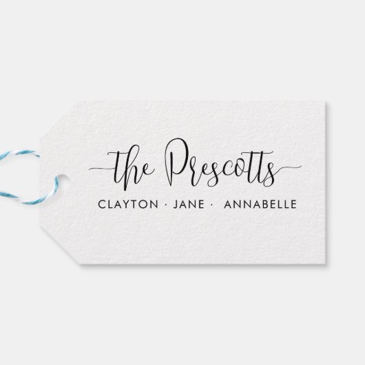 Eenvoudig elegante familienaam zwart script cadeaulabel (Achterkant Horizontaal)