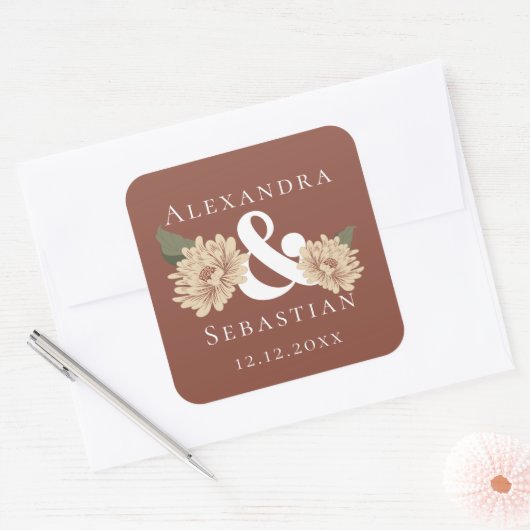 Eenvoudig elegante Floral Wedding sparen de Datum Vierkante Sticker (Envelop)