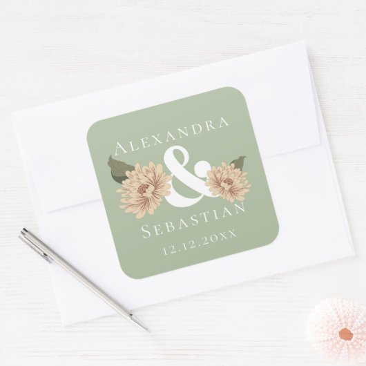 Eenvoudig elegante Floral Wedding sparen de Datum Vierkante Sticker (Envelop)