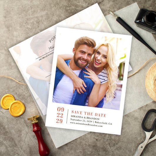 Eenvoudig elegante foto-bruiloft Sla de datumkaart Aankondigingskaart