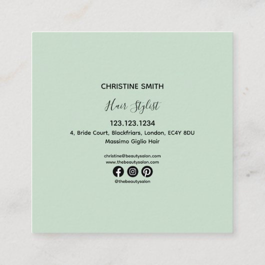 Eenvoudig elegante lichte Blauwgroen minimalistisc Vierkante Visitekaartje (Achterkant)