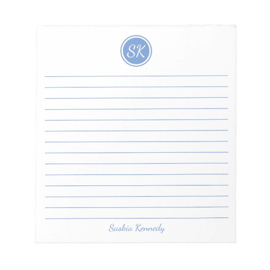 Eenvoudig elegante Light Blue Lined Monogram Name Notitieblok (Voorkant)