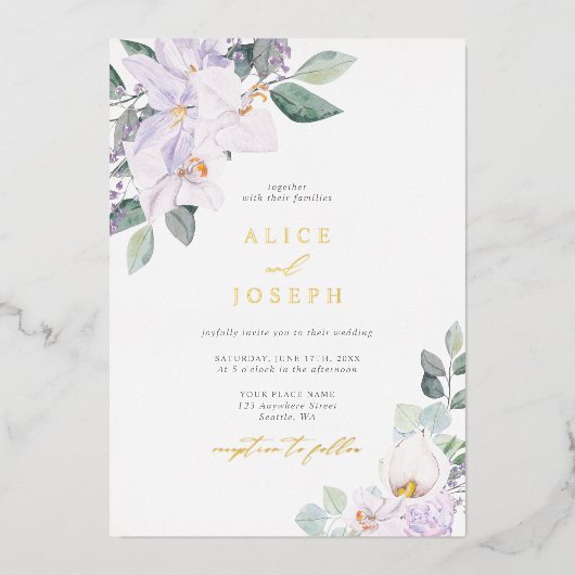 Eenvoudig elegante Lila Waterverf Floral Wedding Folie Uitnodiging (Voorkant)