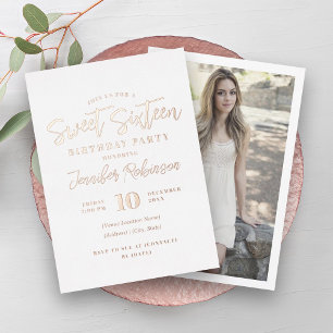 Eenvoudig Elegante Roze Gouden Foto Sweet 16 Zesti Folie Uitnodiging