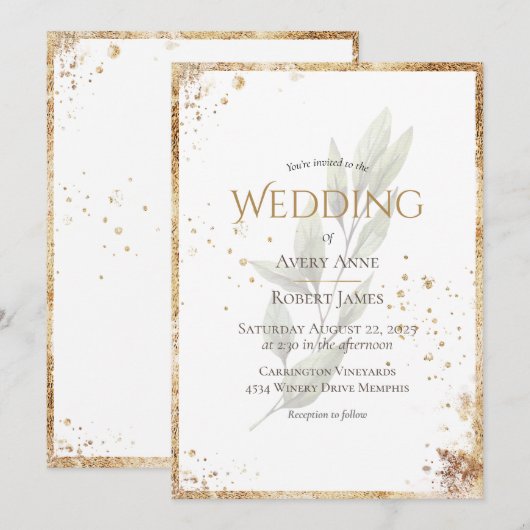 Eenvoudig elegante Waterverf Greenery Gold Wedding Kaart (Voorkant / Achterkant)