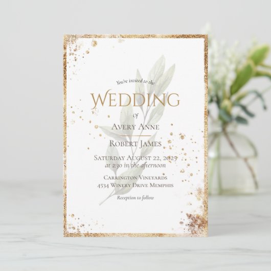 Eenvoudig elegante Waterverf Greenery Gold Wedding Kaart (Staand voorkant)