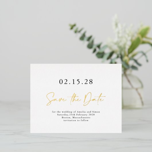Eenvoudig Elegeant Script Save the Date Echte Goud Folie Uitnodiging Briefkaart (Staand Voorkant)