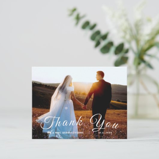 Eenvoudig Ellegant Script Custom Foto Bruiloft Dan Briefkaart (Staand voorkant)