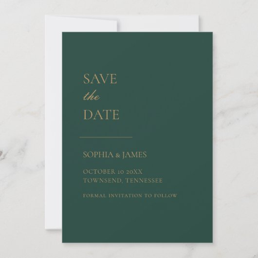 Eenvoudig Emerald Green Gold Typografie Modern Save The Date (Voorkant)
